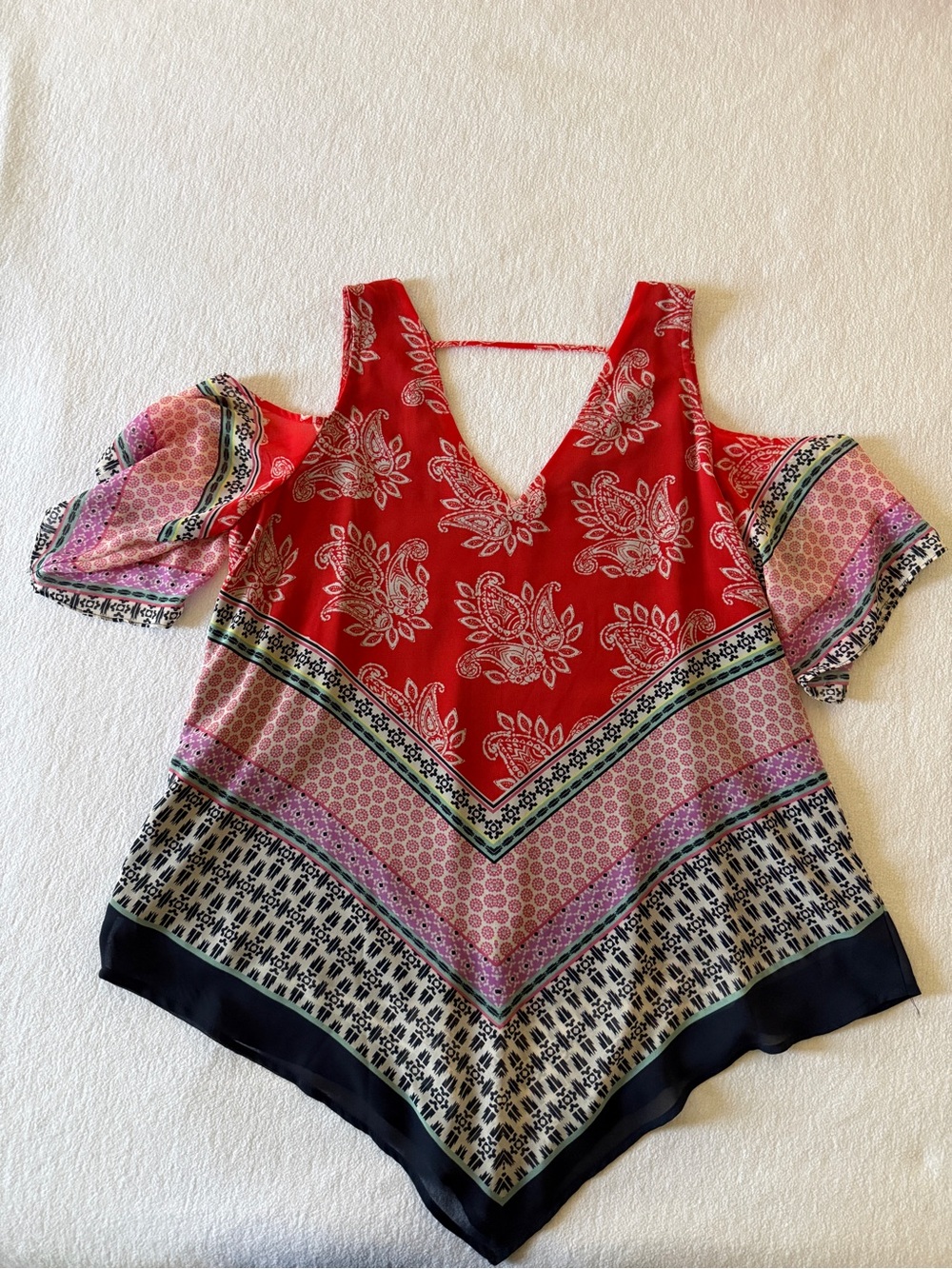 DR2 Red, White, Navy Cold Shoulder top, cool, flowy, comfortable, sheer, lined